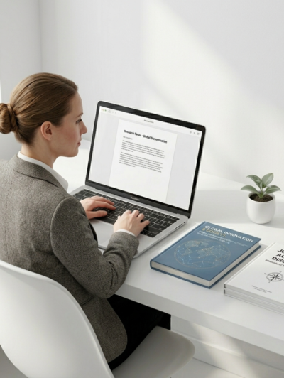 Minimal researcher working on journal and book publication at clean desk