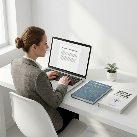 Minimal researcher working on journal and book publication at clean desk
