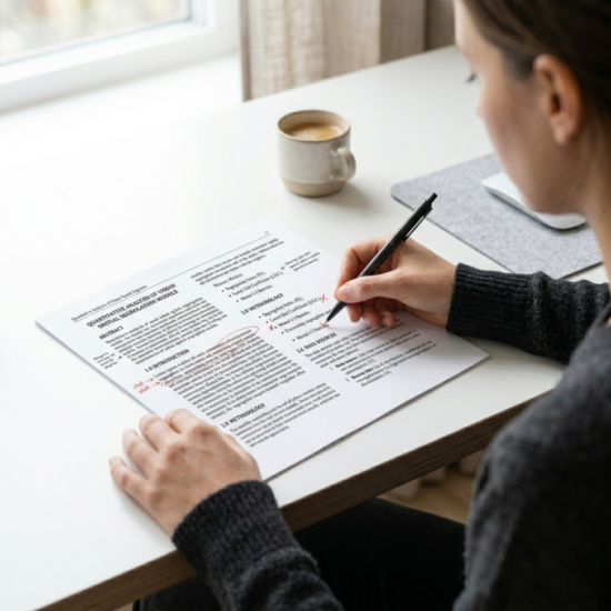 Person editing and formatting printed academic document with pen