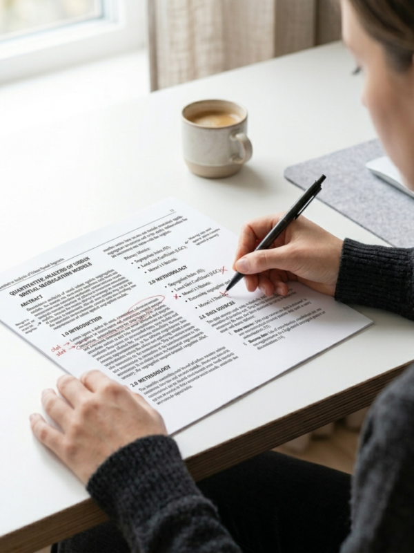 Person editing and formatting printed academic document with pen