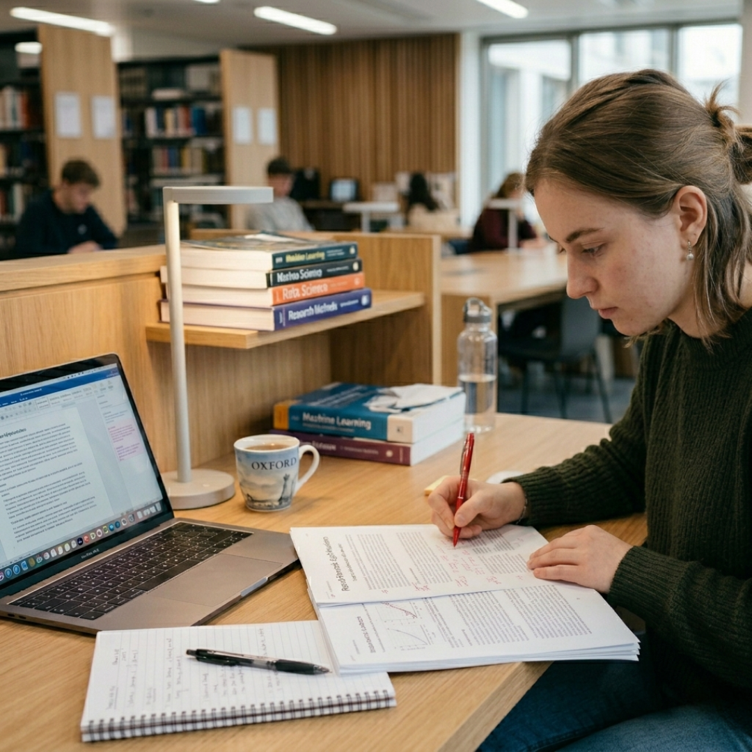 Student proofreading academic paper and checking plagiarism on laptop