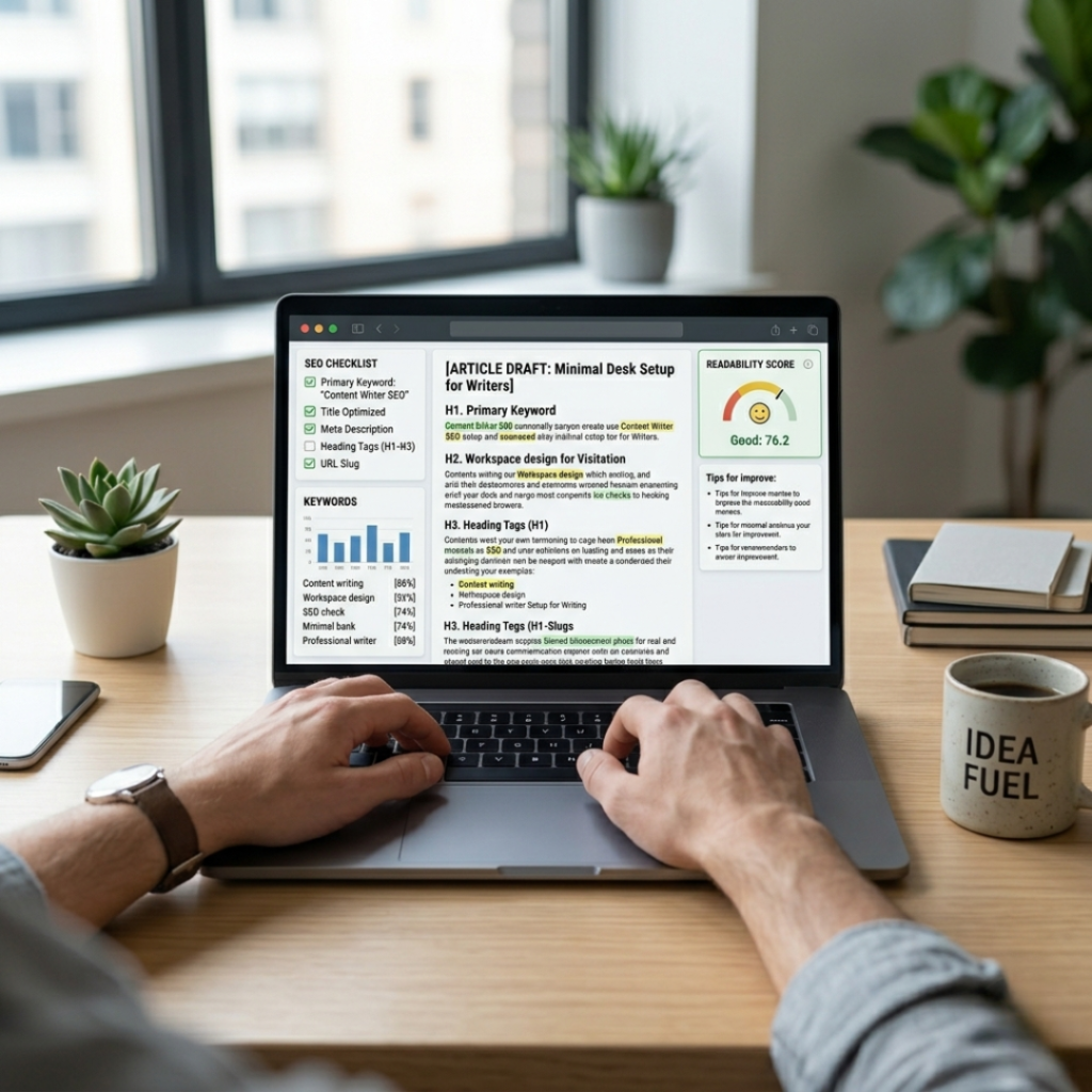 seo article writing format example checklist on laptop