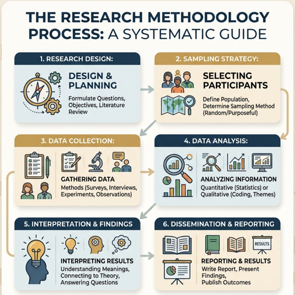 Research methodology process steps including data collection and analysis infographic